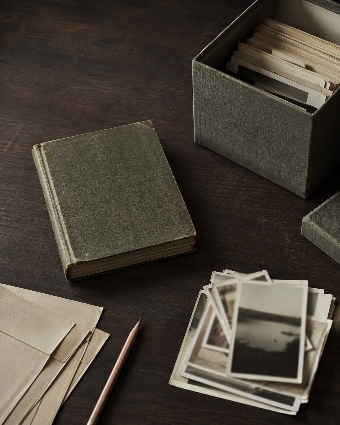 A quiet arrangement of a family photo album, loose prints, envelopes, and an archive box.